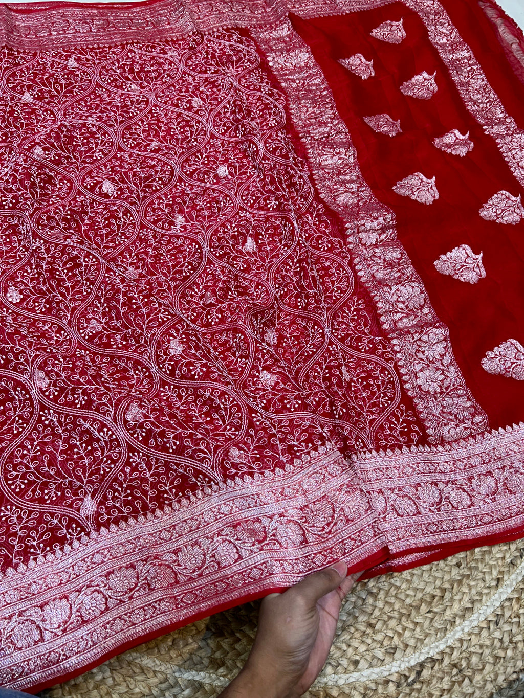 Red 100% Pure Khaddi Georgette Silver Zari ChikanKari Handloom Saree