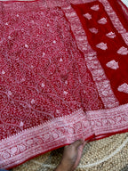 Red 100% Pure Khaddi Georgette Silver Zari ChikanKari Handloom Saree