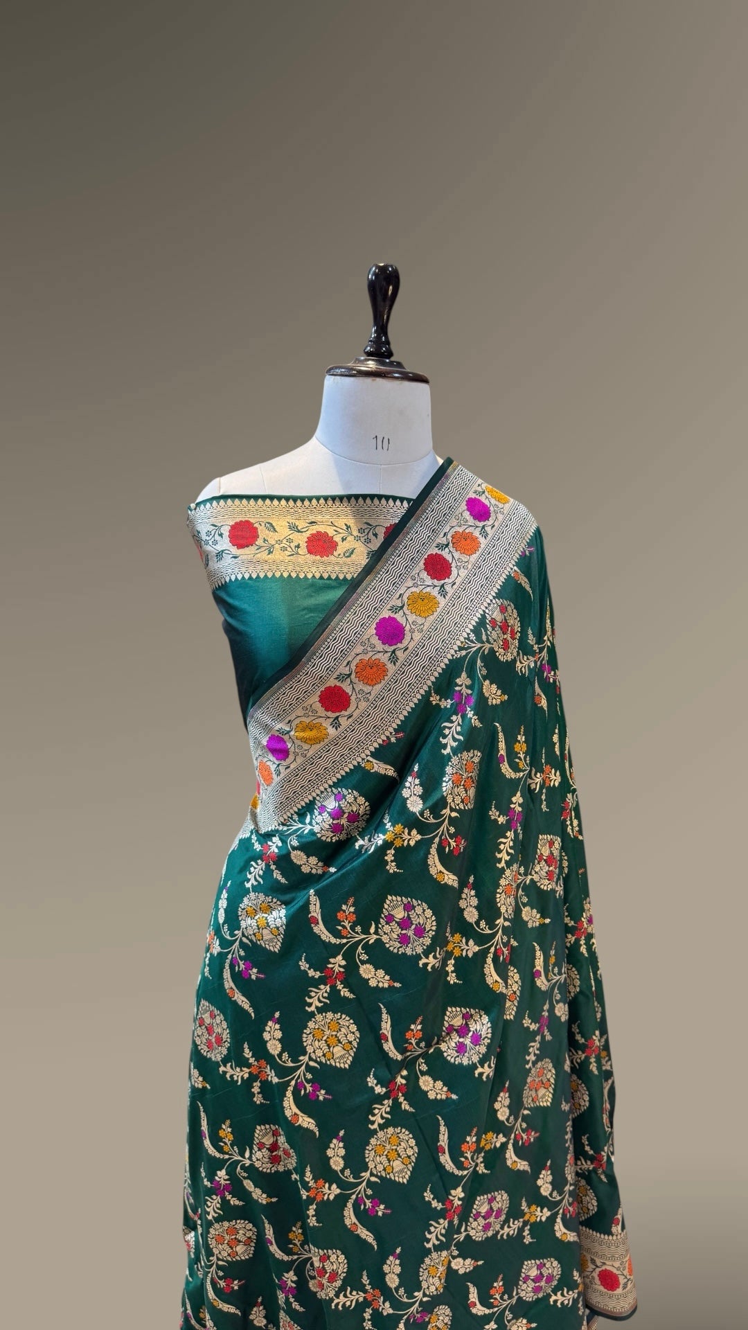 Bottle Green 100% Pure Banarasi Katan Silk Meenakari Saree