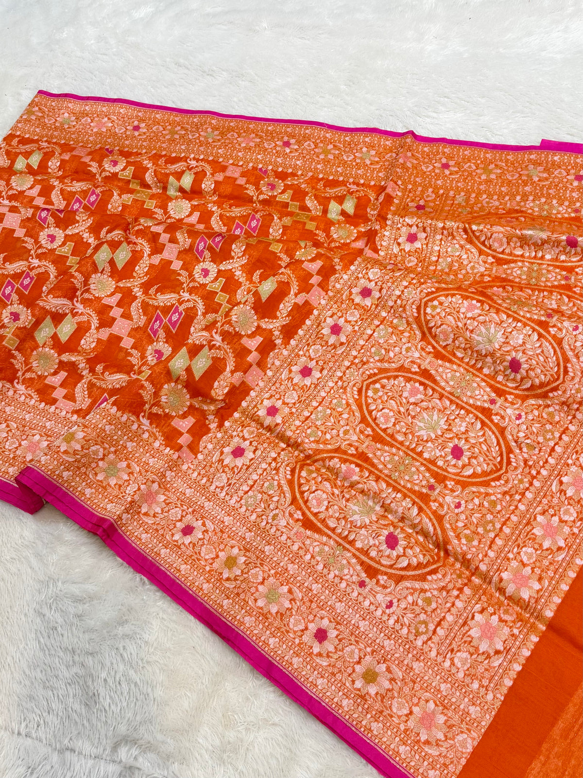 Fanta Orange Pure Handloom Banarasi Ektara Kora Jamdani Saree