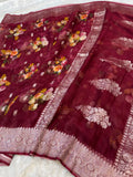 Maroon 100% Pure Khaddi Georgette Silver Zari Digital Print Handloom Saree