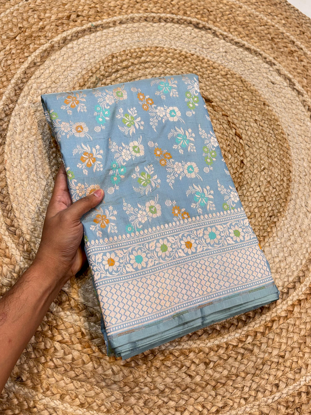 Powder Blue Pure Banarasi Katan Silk Meenakari Sareee