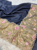 Dark Blue Tissue Silk Partywear Banarasi Embroidery Tissue Border Lightweight Sarees