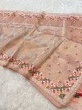 Watery Peach 100% Pure Handloom Tissue Silk Partywear Banarasi Embroidery Lightweight Saree