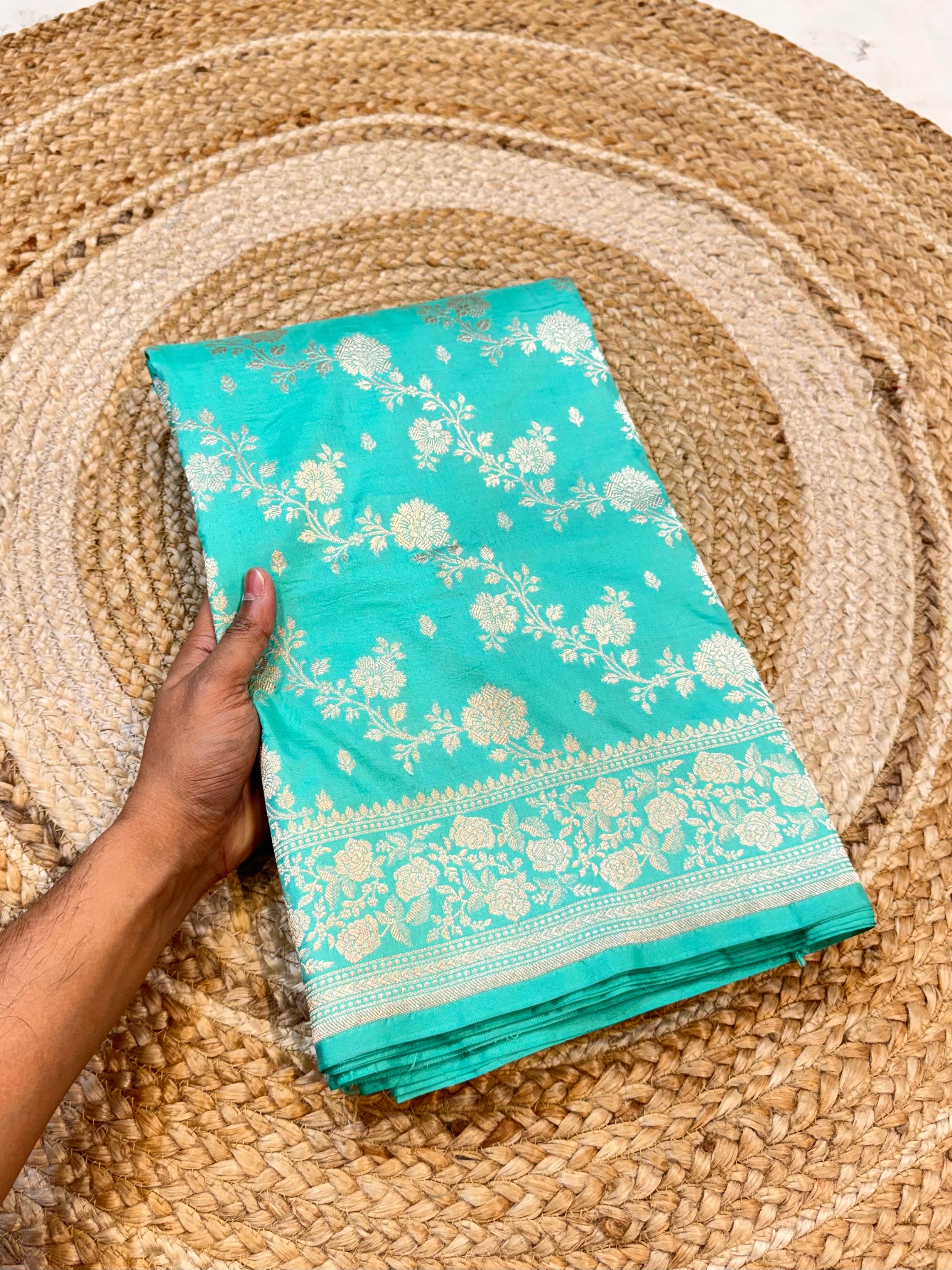 Cyan Blue 100% Pure Banarasi Katan Silk Saree