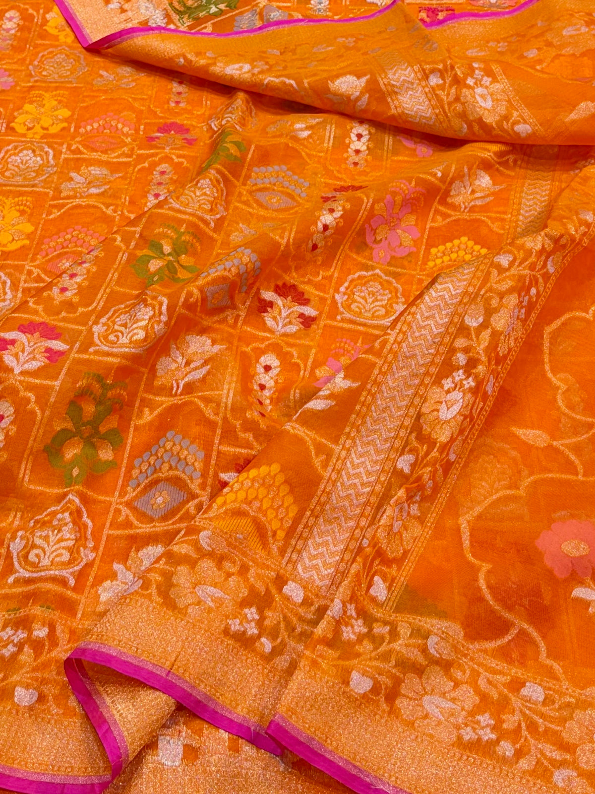 Prebook | Fanta Orange Pure Handloom Banarasi Ektara Kora Jamdani Saree