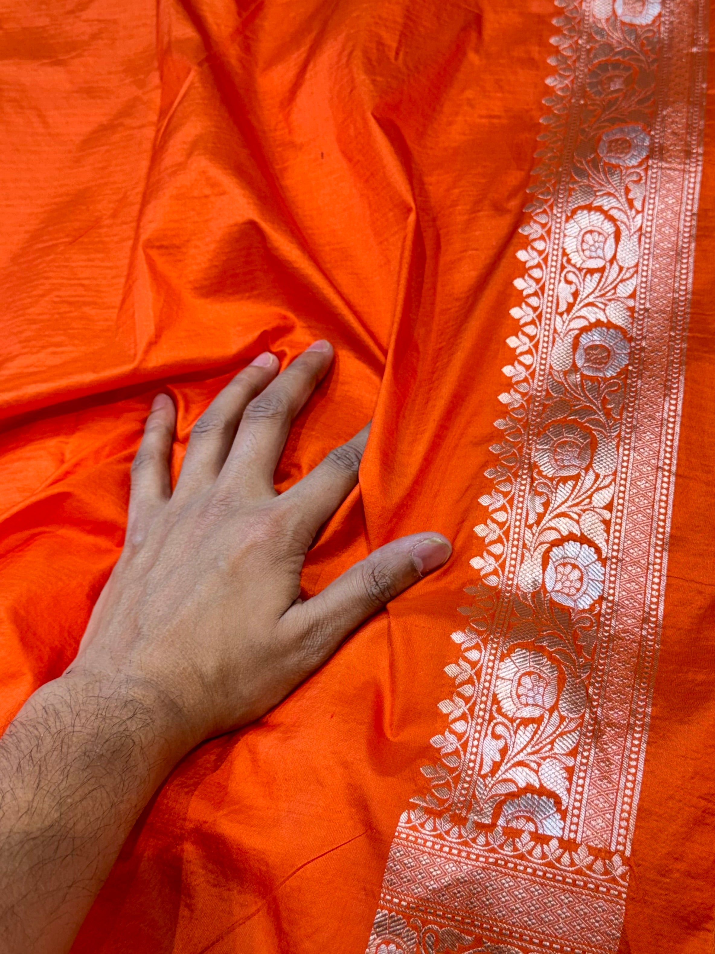 Prebook | Fanta Orange 100% Pure Banarasi Katan Silk Meenakari Saree
