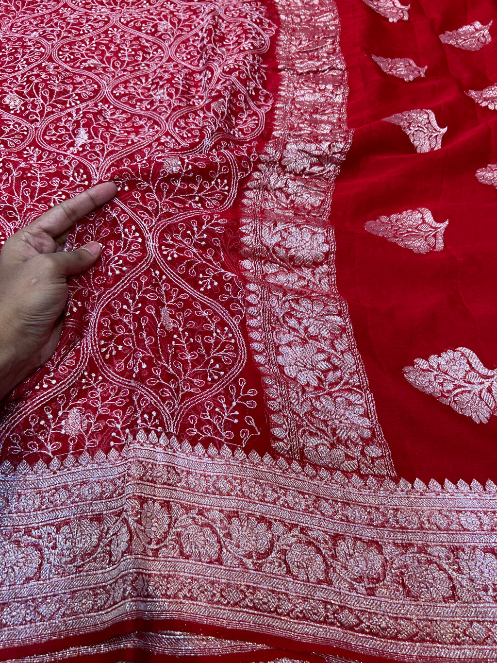 Red 100% Pure Khaddi Georgette Silver Zari ChikanKari Handloom Saree