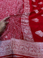Red 100% Pure Khaddi Georgette Silver Zari ChikanKari Handloom Saree