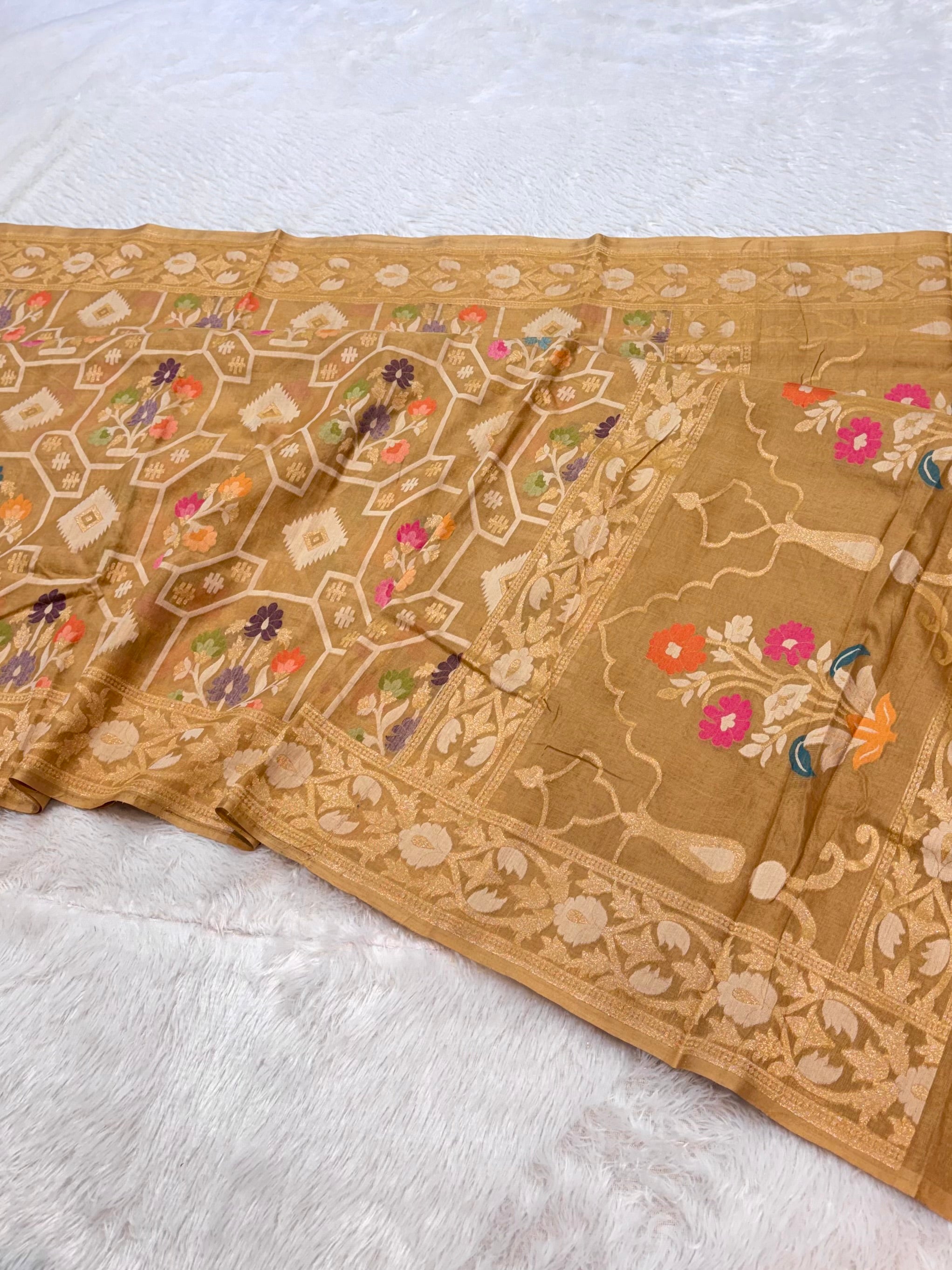 Beige 100% Pure Ektara Banarasi Cotton Jamdani Saree