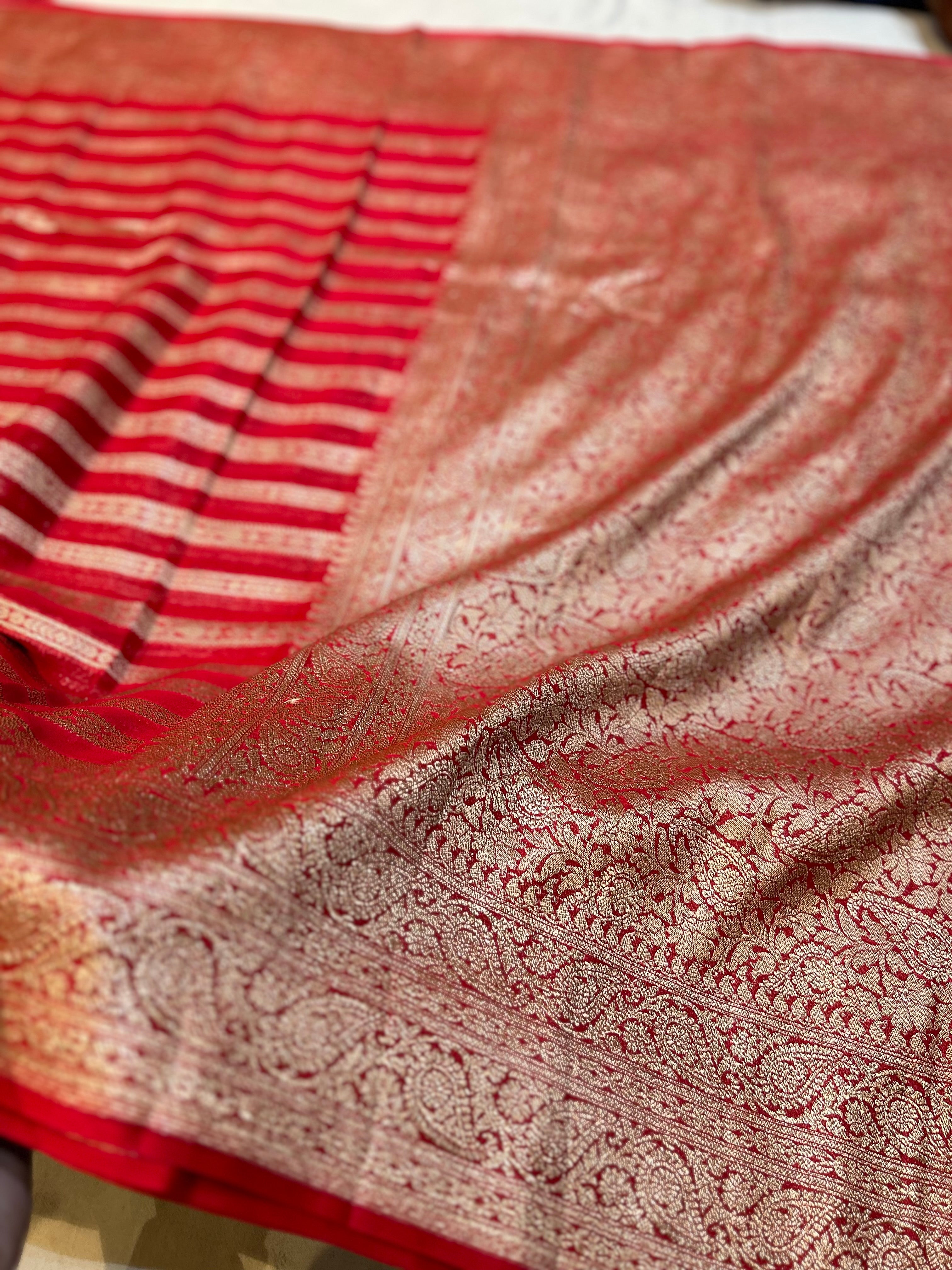 Red 100% Pure Banarasi Khaddi Georgette Stripes Saree