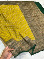 Mehendi Green Pure Banarasi Premium Khaddi Georgette Double Border Saree