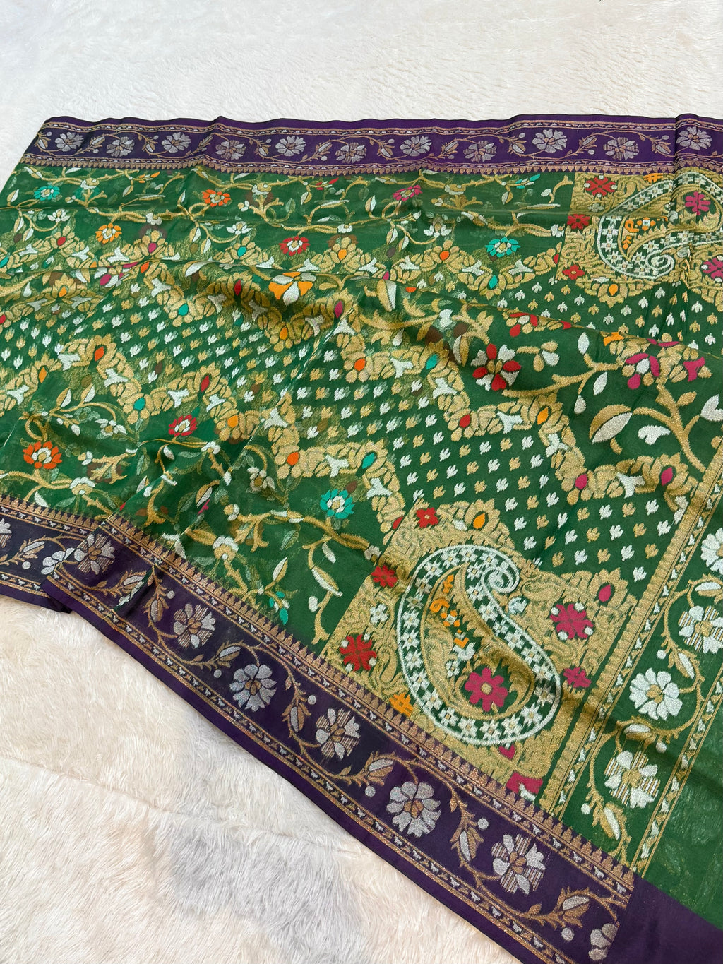 Prebook | Bottle Green Pure Banarasi Ektara Kora Jamdani Saree