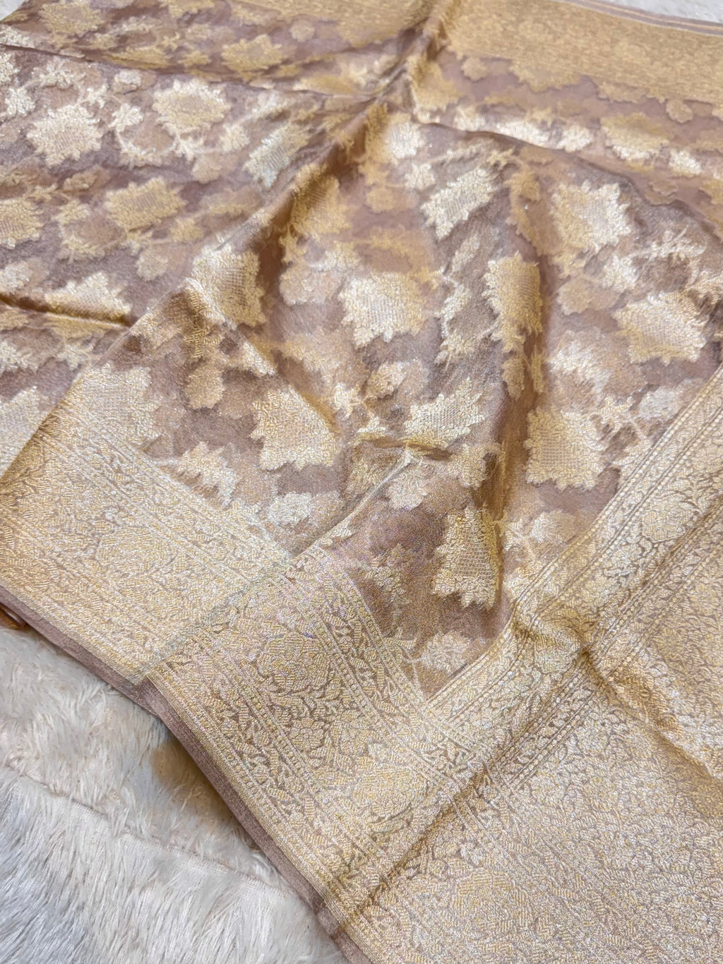 Diamond Beige 100% Pure Tissue Silk Banarasi Partywear Saree