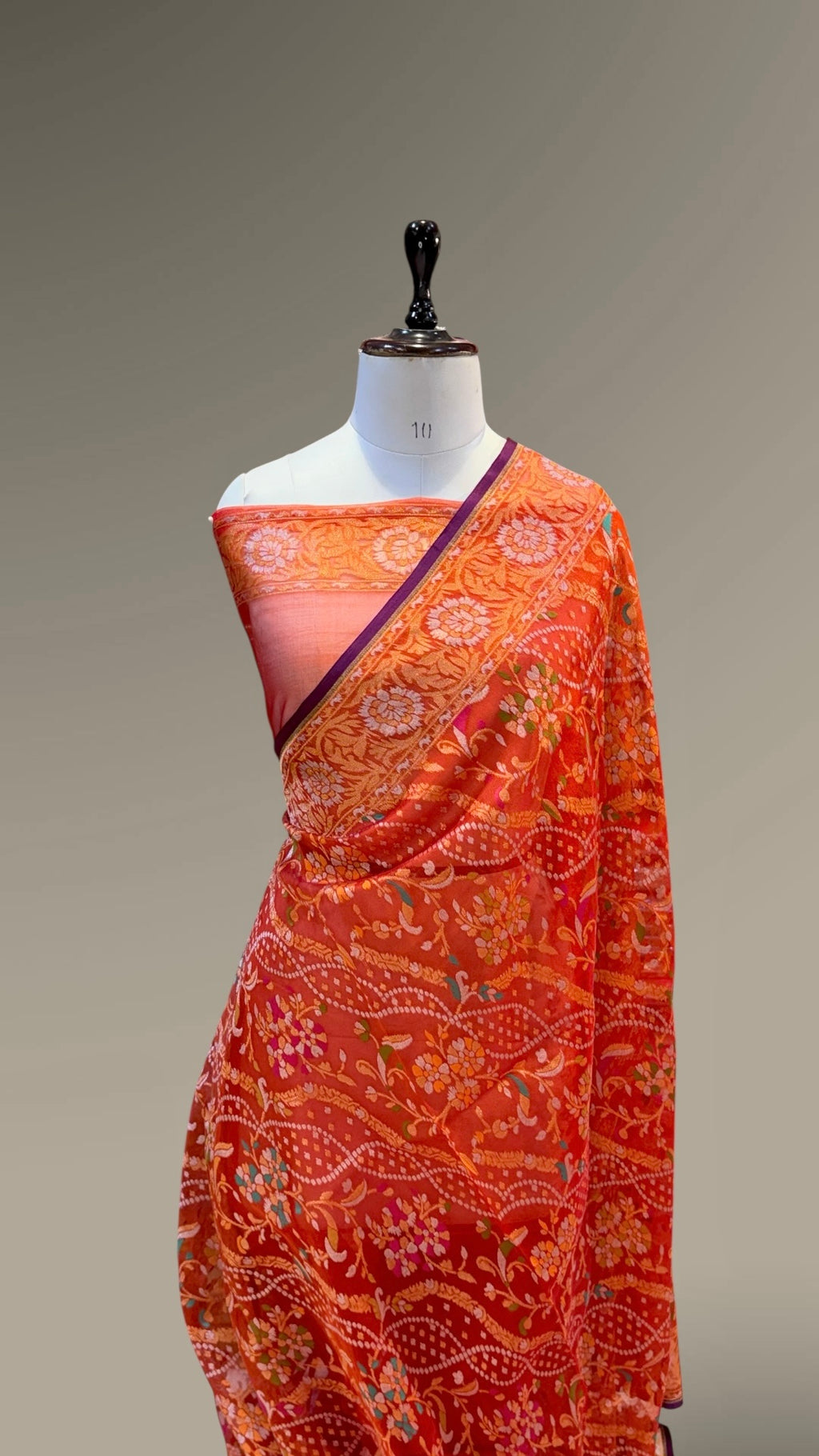 Prebook | Orangish Red Pure Banarasi Ektara Kora Jamdani Saree