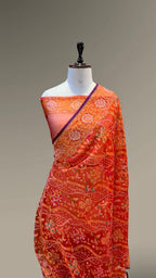 Prebook | Orangish Red Pure Banarasi Ektara Kora Jamdani Saree