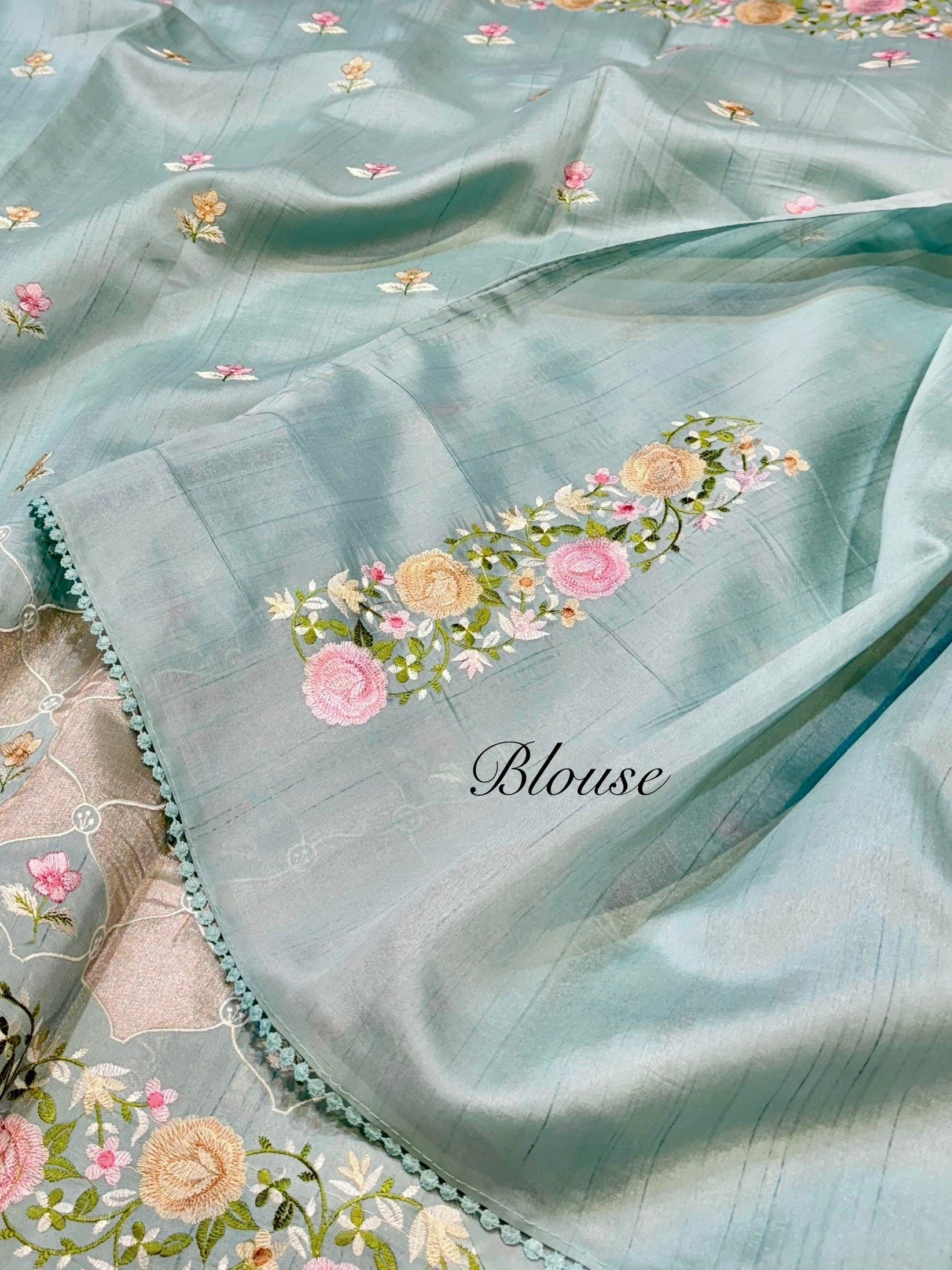 Blue Tussar Silk Partywear Banarasi Embroidery with Tissue Applique Lightweight Sarees