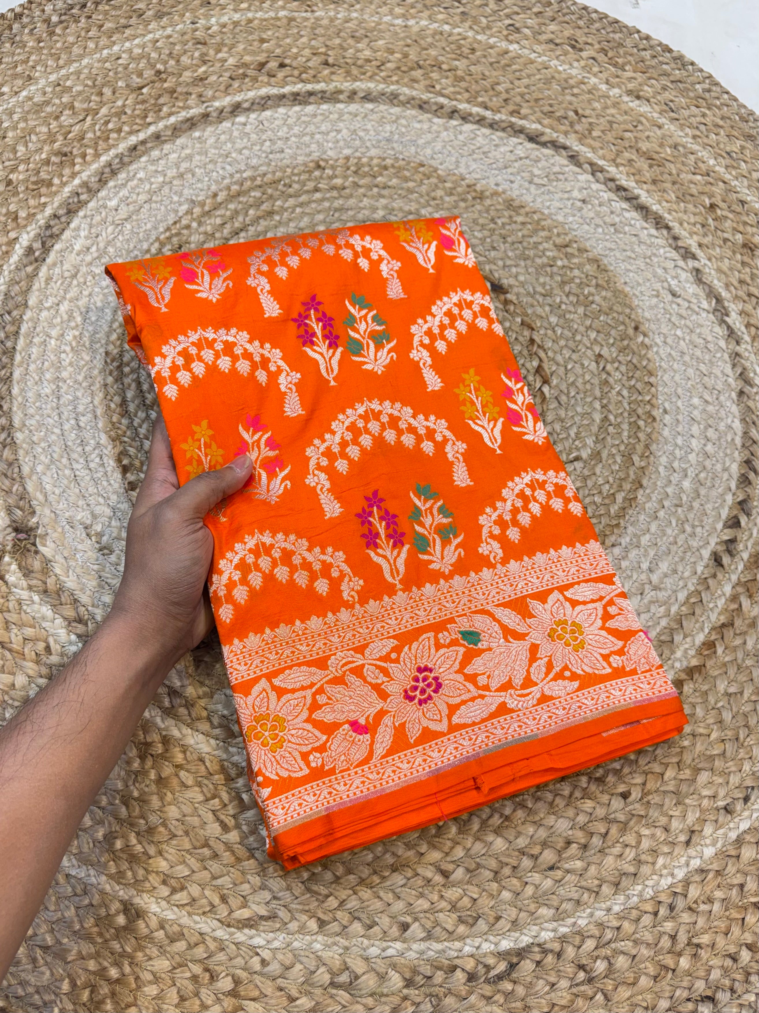 Fanta Orange 100% Pure Banarasi Katan Silk Meenakari Saree