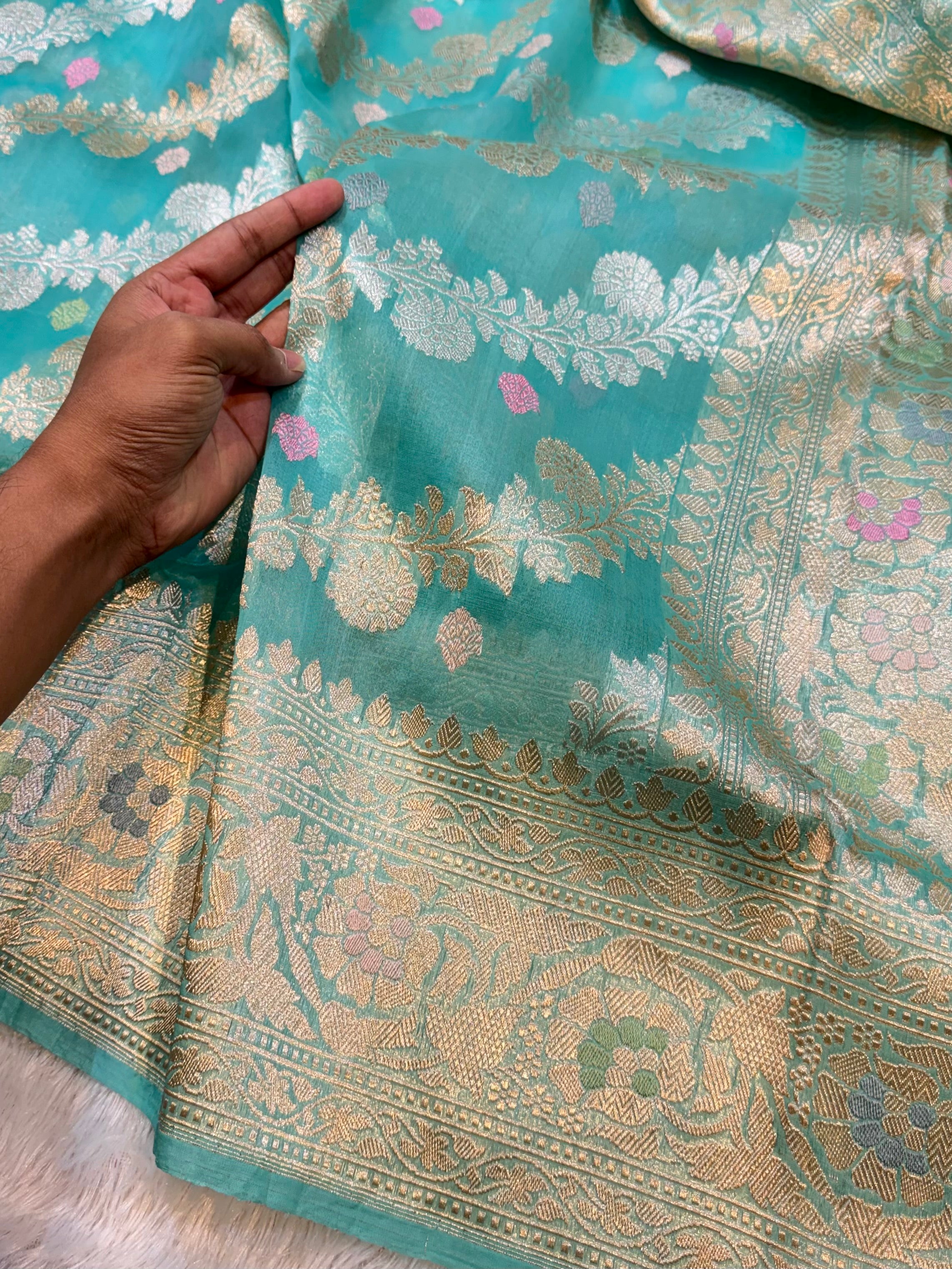 Pastel Sea Green 100% Pure Banarasi Kora Silk Handloom Handwoven Pattu Saree