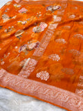 Fanta Orange 100% Pure Khaddi Georgette Silver Zari Digital Print Handloom Saree