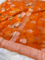 Fanta Orange 100% Pure Khaddi Georgette Silver Zari Digital Print Handloom Saree