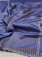 Lavender Blue 100% Pure Handloom Mul Cotton Stripes Tissue Silk Partywear Banarasi Embroidery Lightweight Sarees