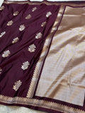 Wine Banarasi Soft Mashru Silk Partywear Saree