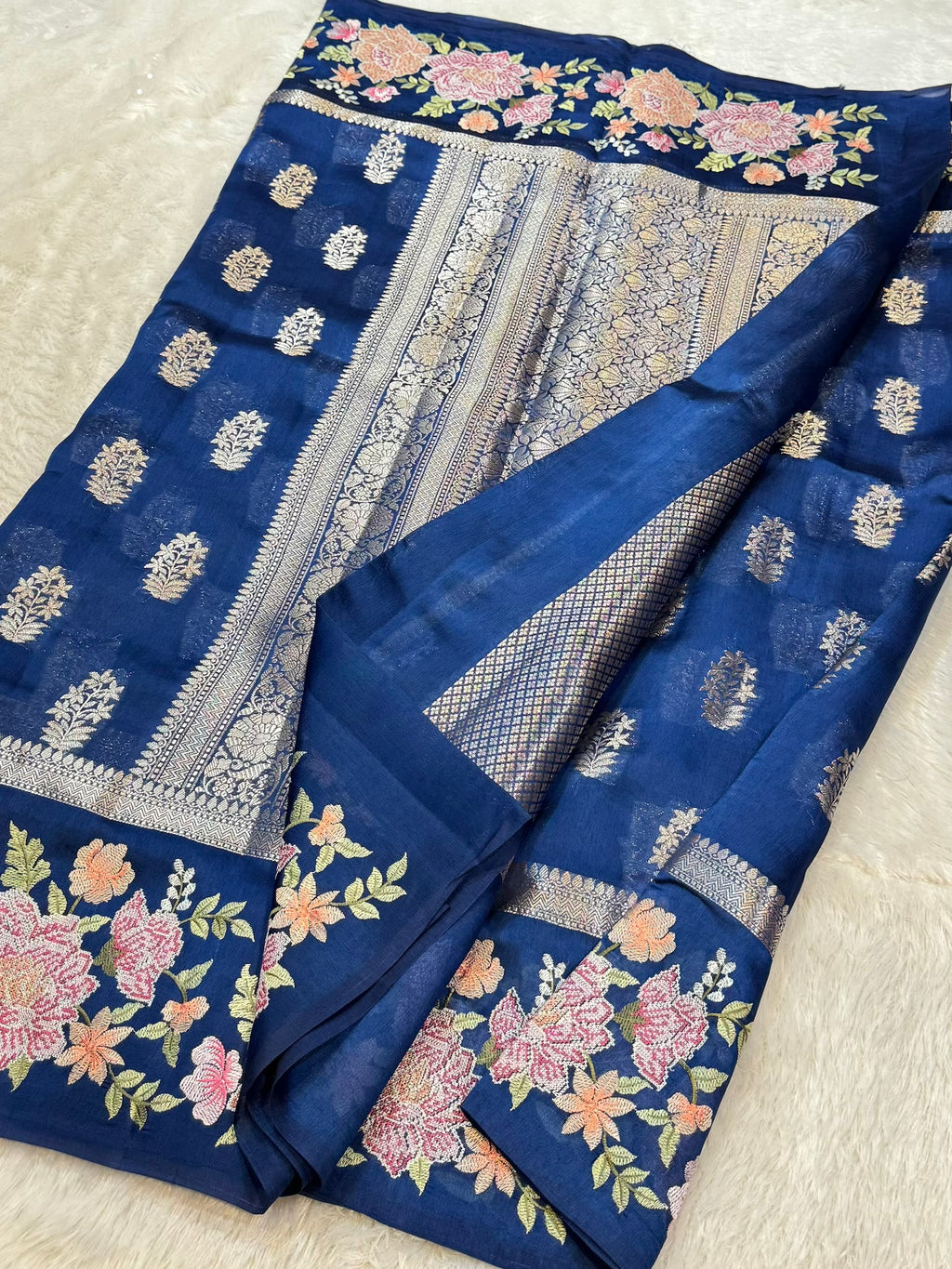 Dark Blue 100% Pure Banarasi Poona Silk Raw Mango Saree