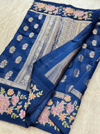 Dark Blue 100% Pure Banarasi Poona Silk Raw Mango Saree