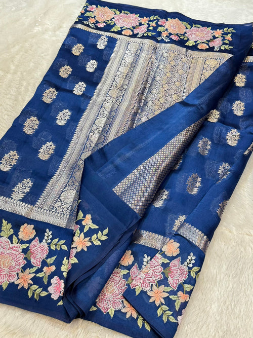 Dark Blue 100% Pure Banarasi Poona Silk Raw Mango Saree