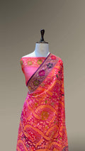Rani Pink 100% Pure Ektara Banarasi Kora Jamdani Saree