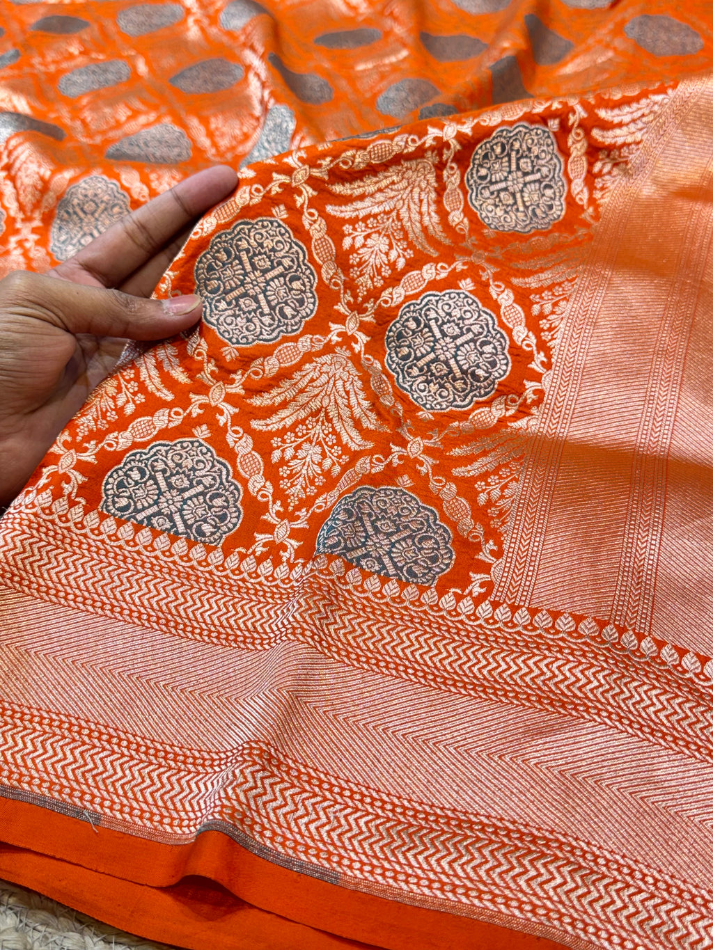 Prebook | Fanta Orange 100% Pure Banarasi Katan Silk Meenakari Saree
