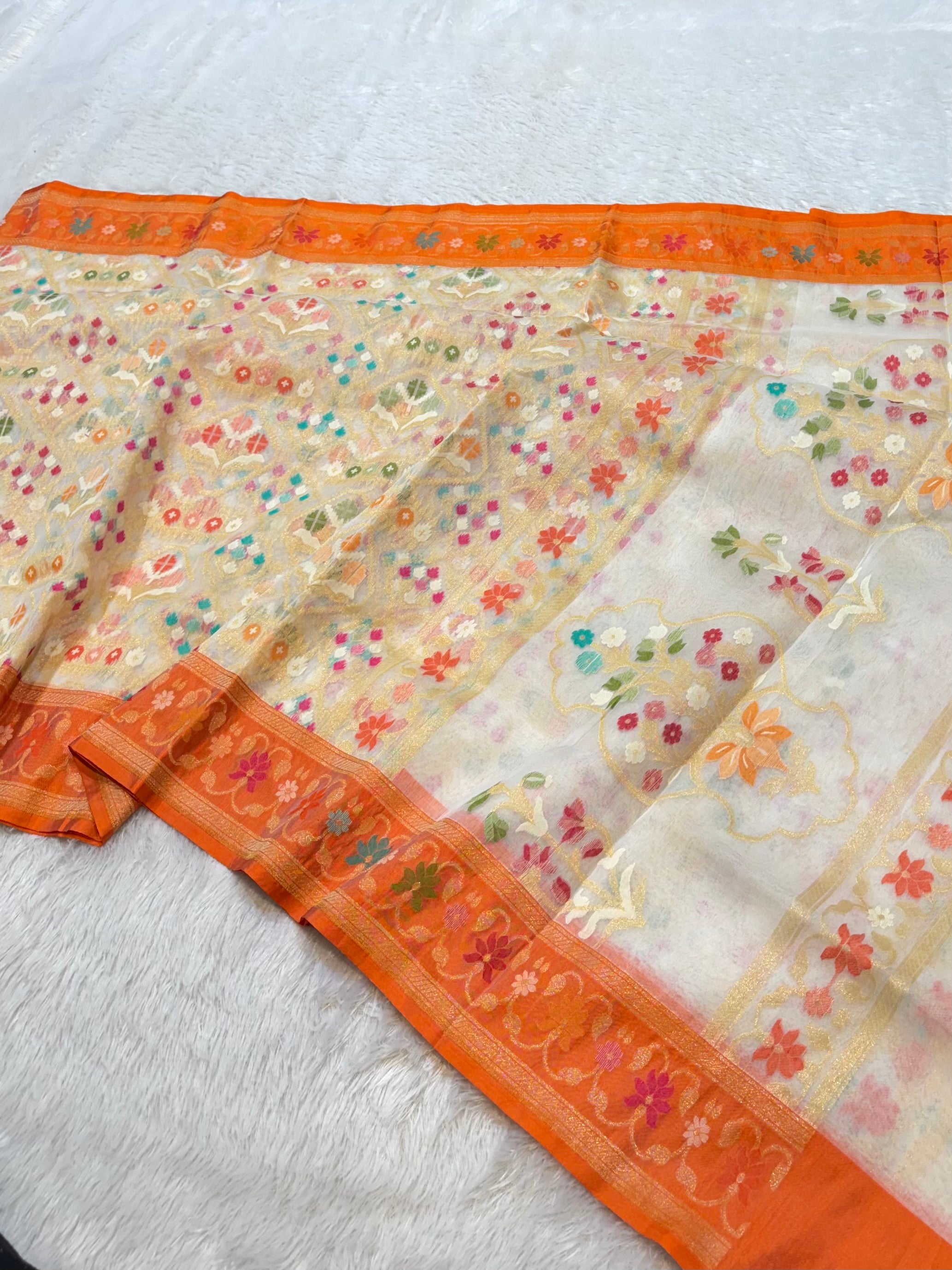 Prebook | Half White 100% Pure Ektara Banarasi Kora Jamdani Saree