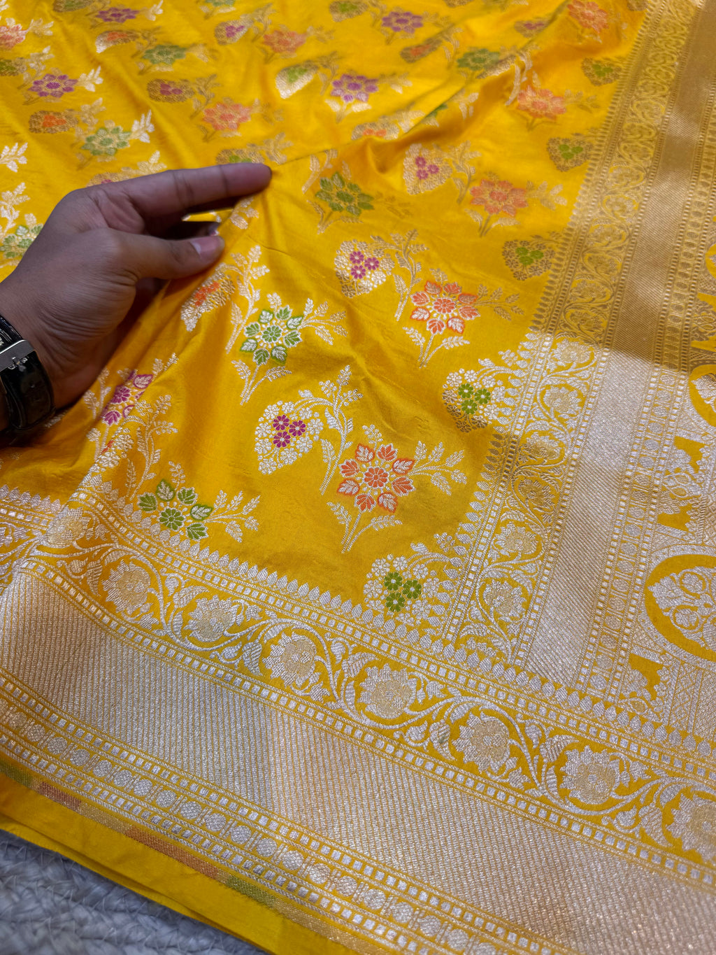 Prebook | Yellow 100% Pure Banarasi Katan Silk Meenakari Saree