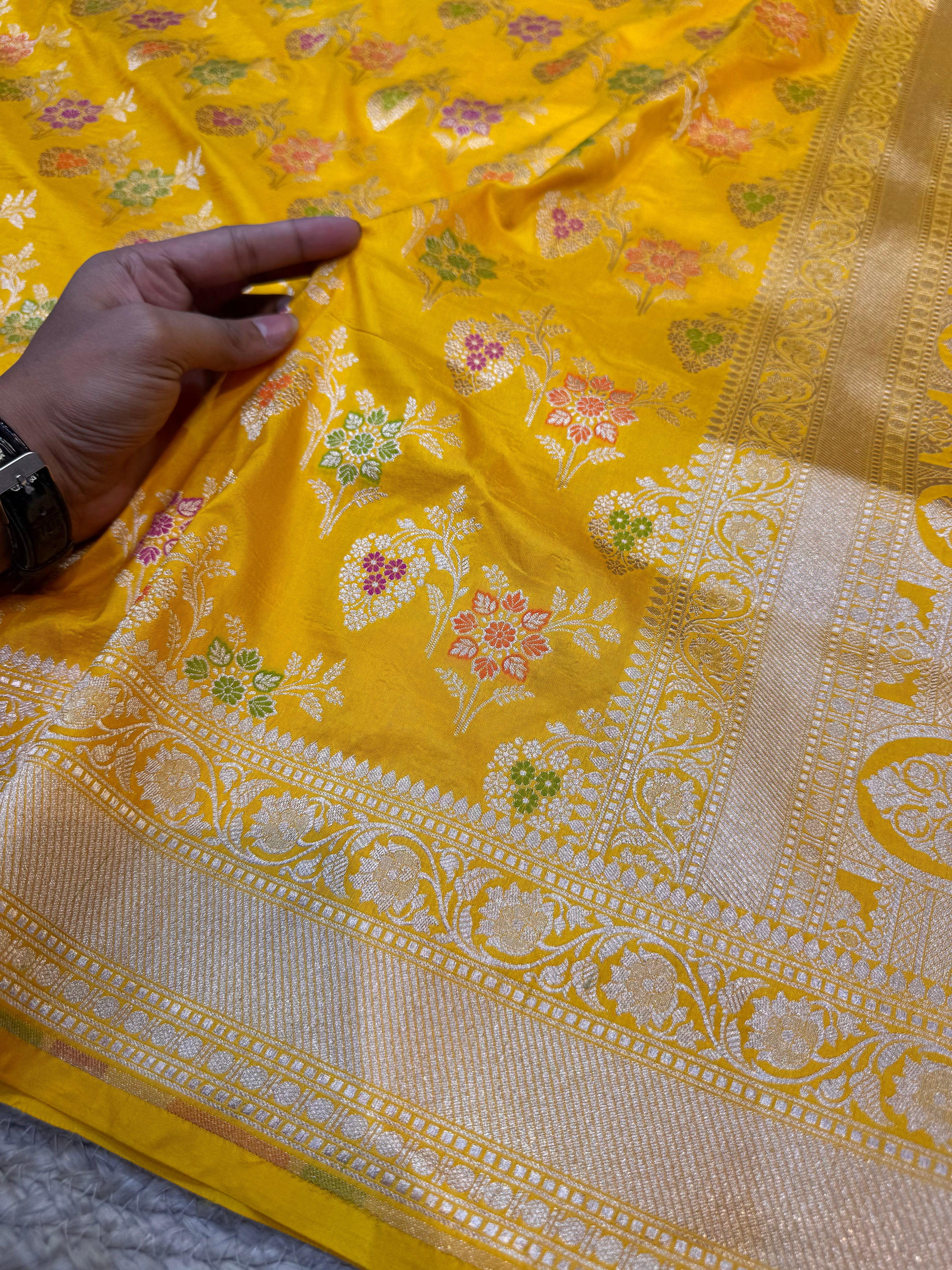 Prebook | Yellow 100% Pure Banarasi Katan Silk Meenakari Saree