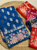 Sapphire Blue 100% Pure Banarasi Poona Silk Raw Mango Saree