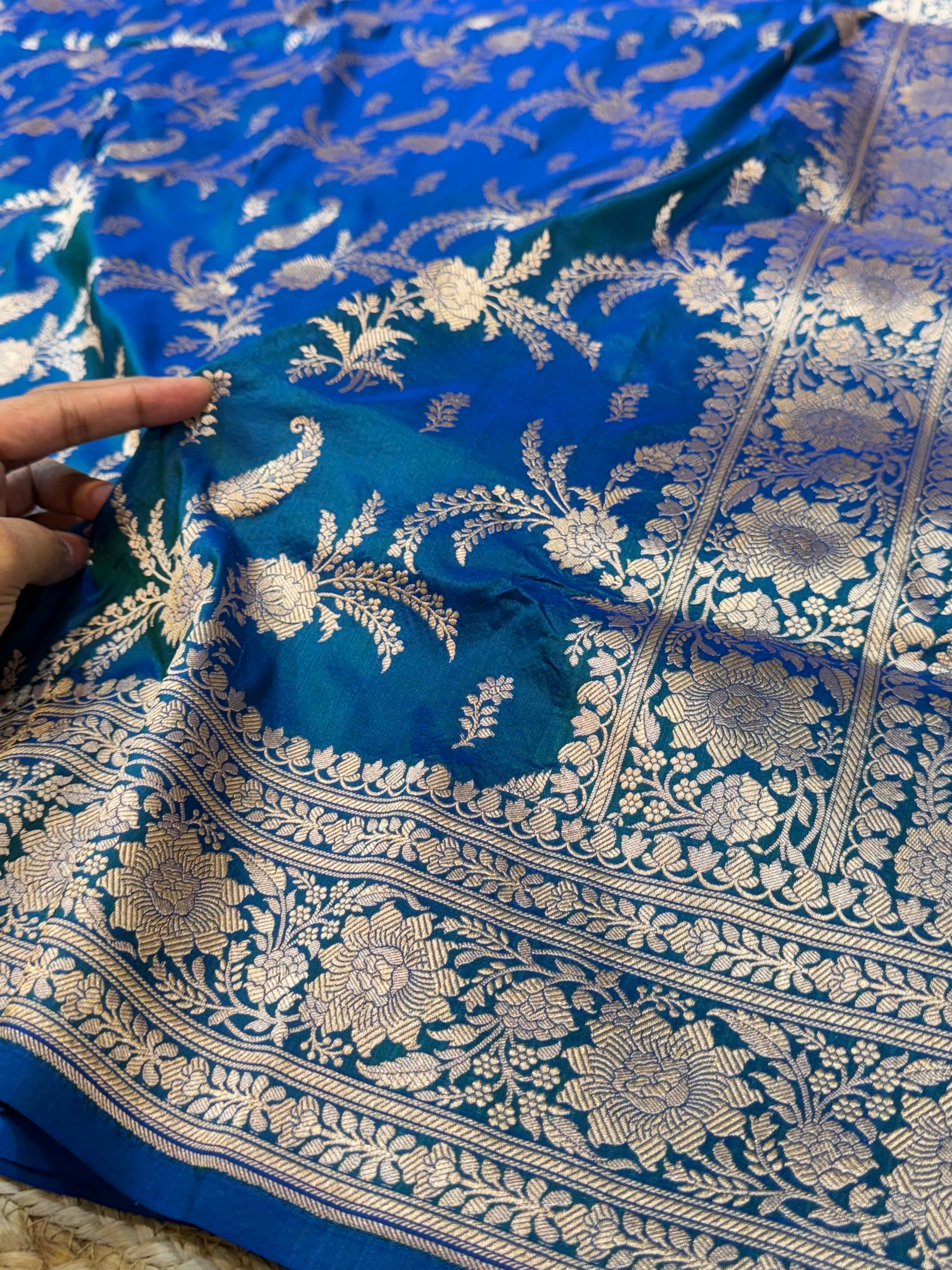 Prebook | Dual shade Peacock Blue 100% Pure Banarasi Katan Silk Saree