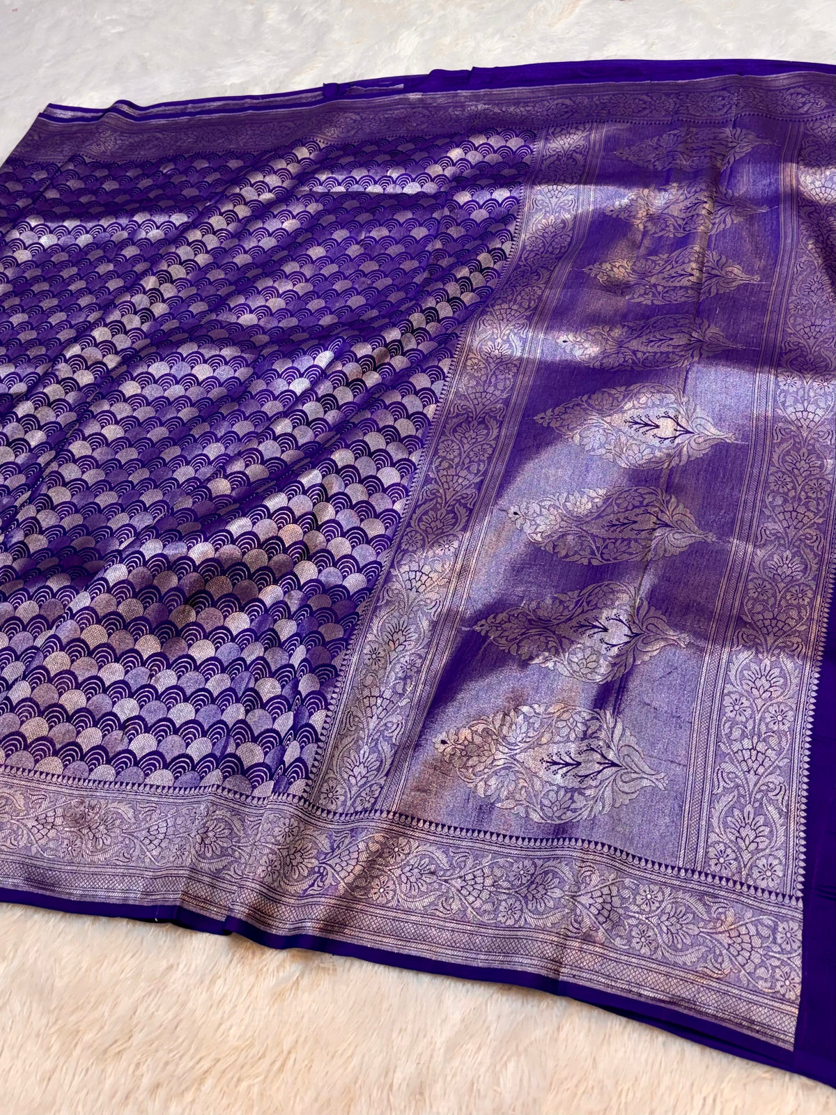 Violet Purple Pure Handloom Banarasi Mashru Silk Saree