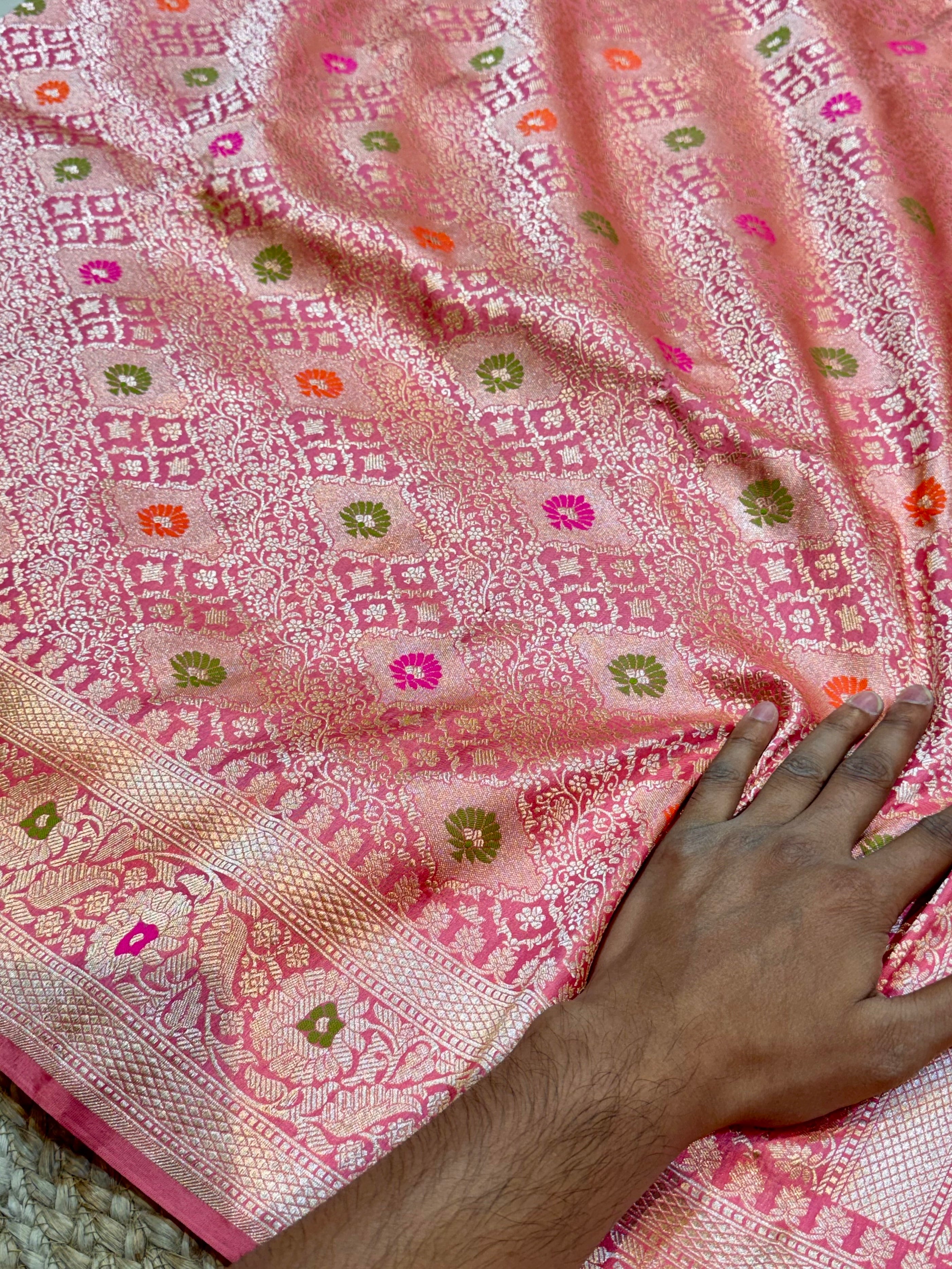 Baby Pink 100% Pure Banarasi Katan Silk Meenakari Brocade Saree
