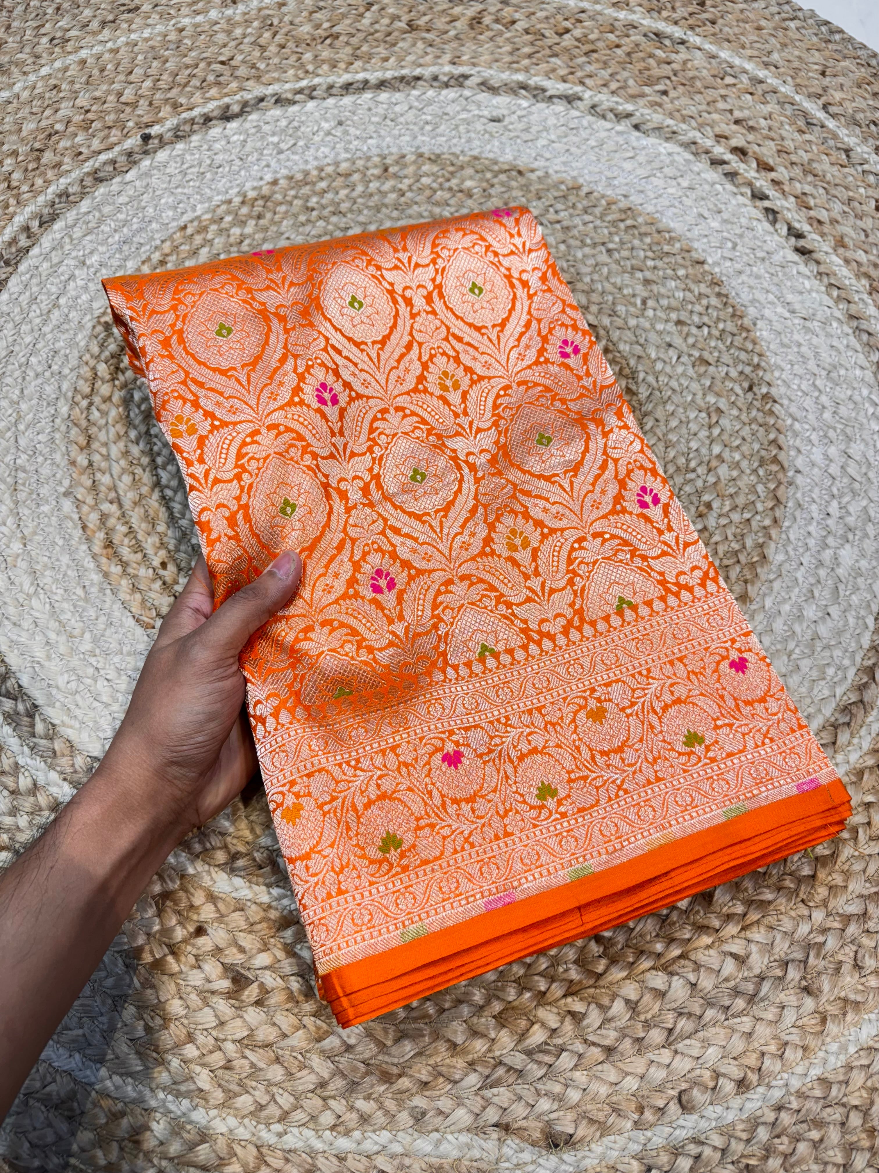 Prebook | Fanta Orange 100% Pure Banarasi Katan Silk Meenakari Brocade Saree