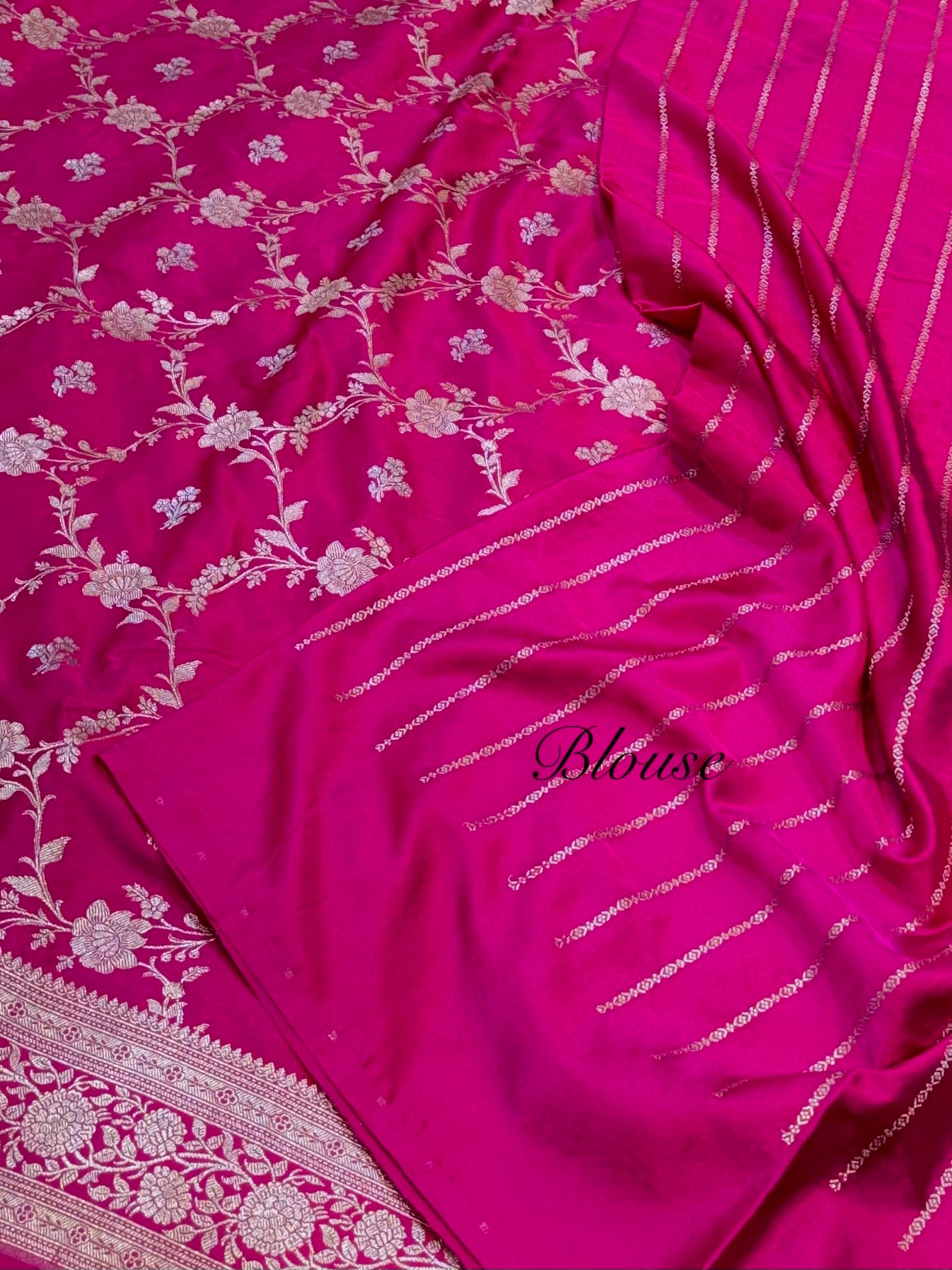 Rani Pink Banarasi Soft Meenakari Mashru Silk Partywear Saree