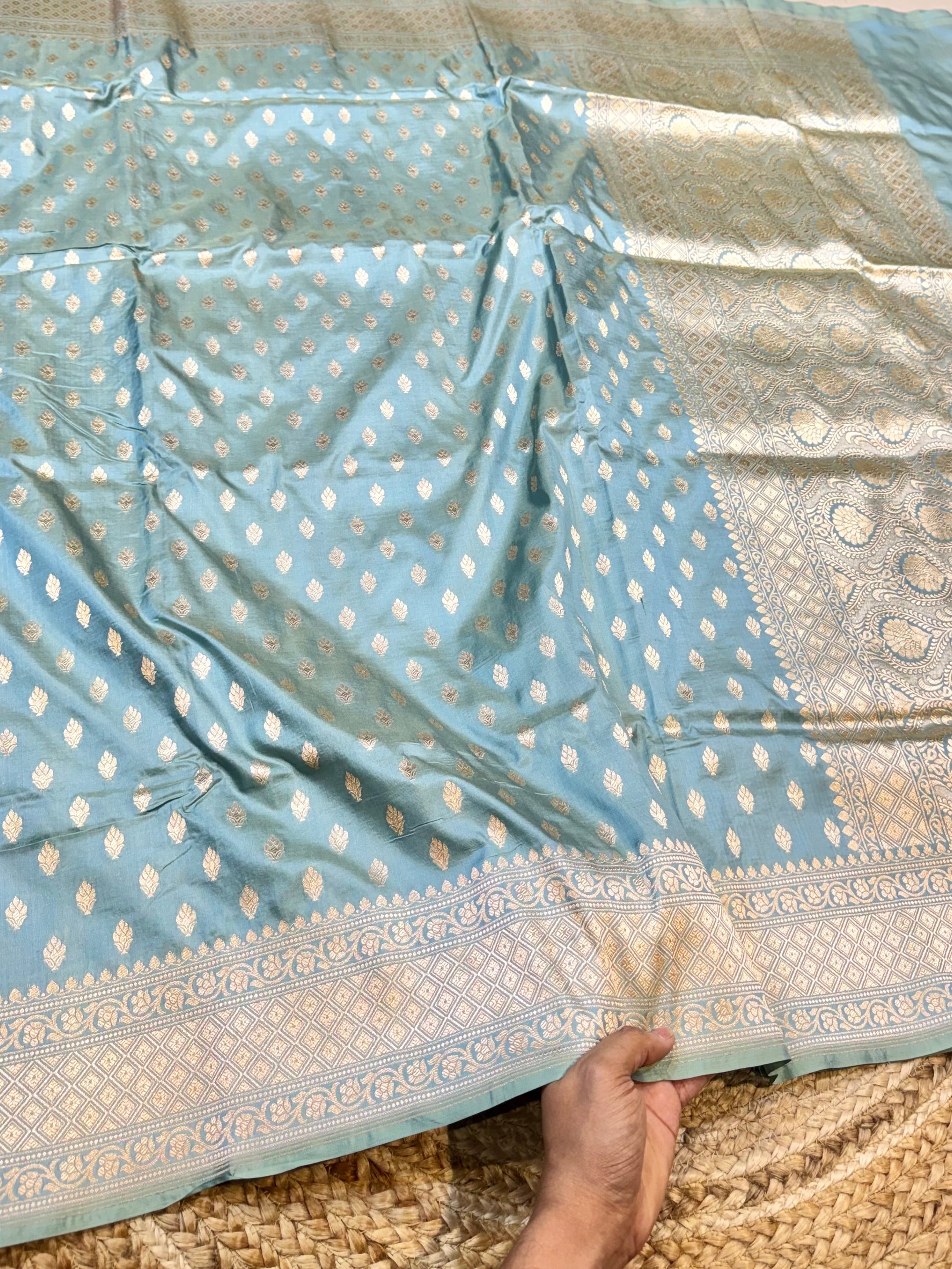 Powder Blue 100% Pure Banarasi Katan Silk Saree