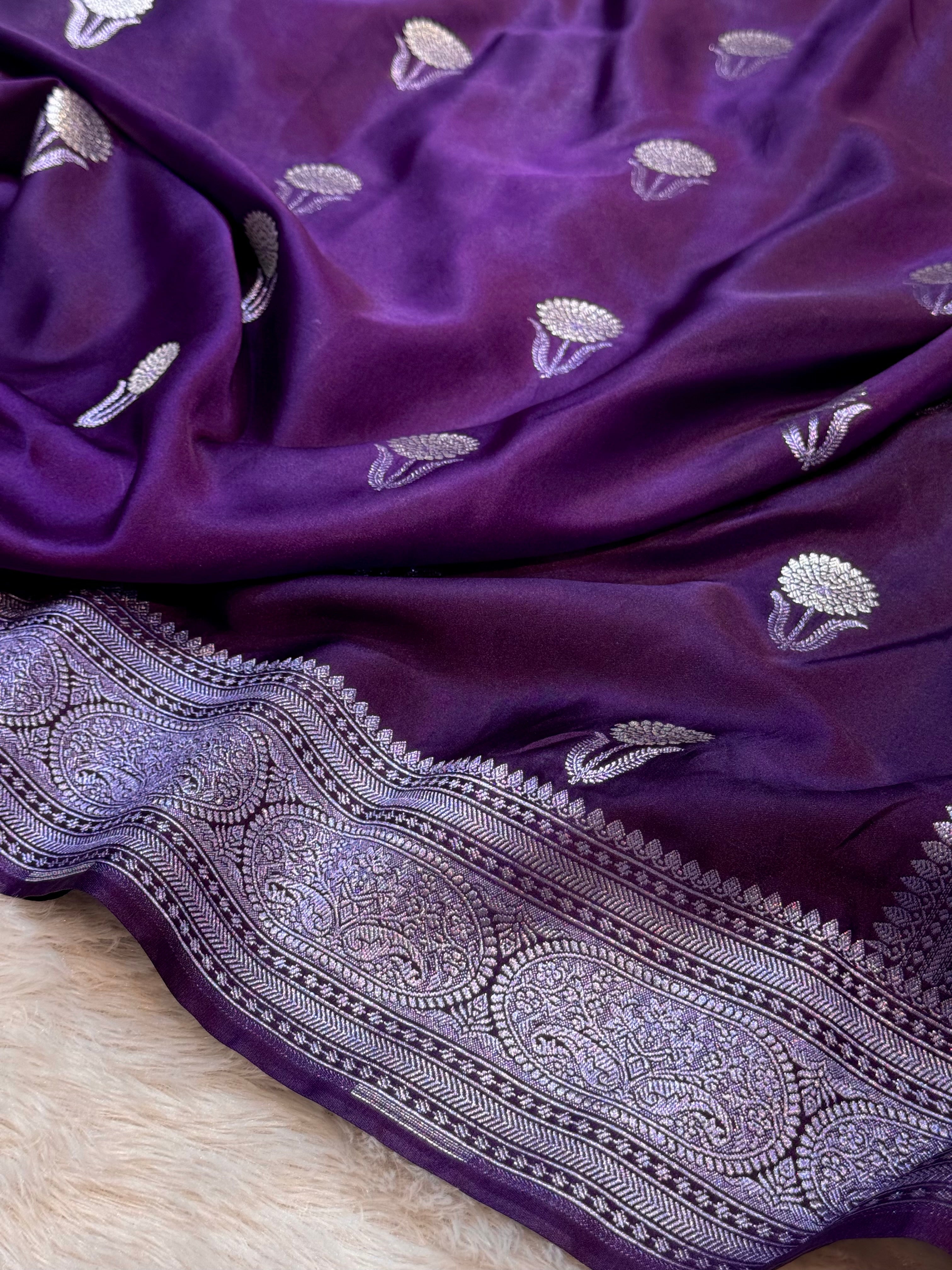 Violet Purple Banarasi Soft Meenakari Mashru Silk Partywear Saree