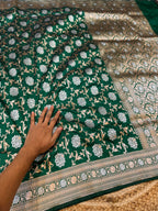 Bottle Green 100% Pure Banarasi Katan Silk Meenakari Saree