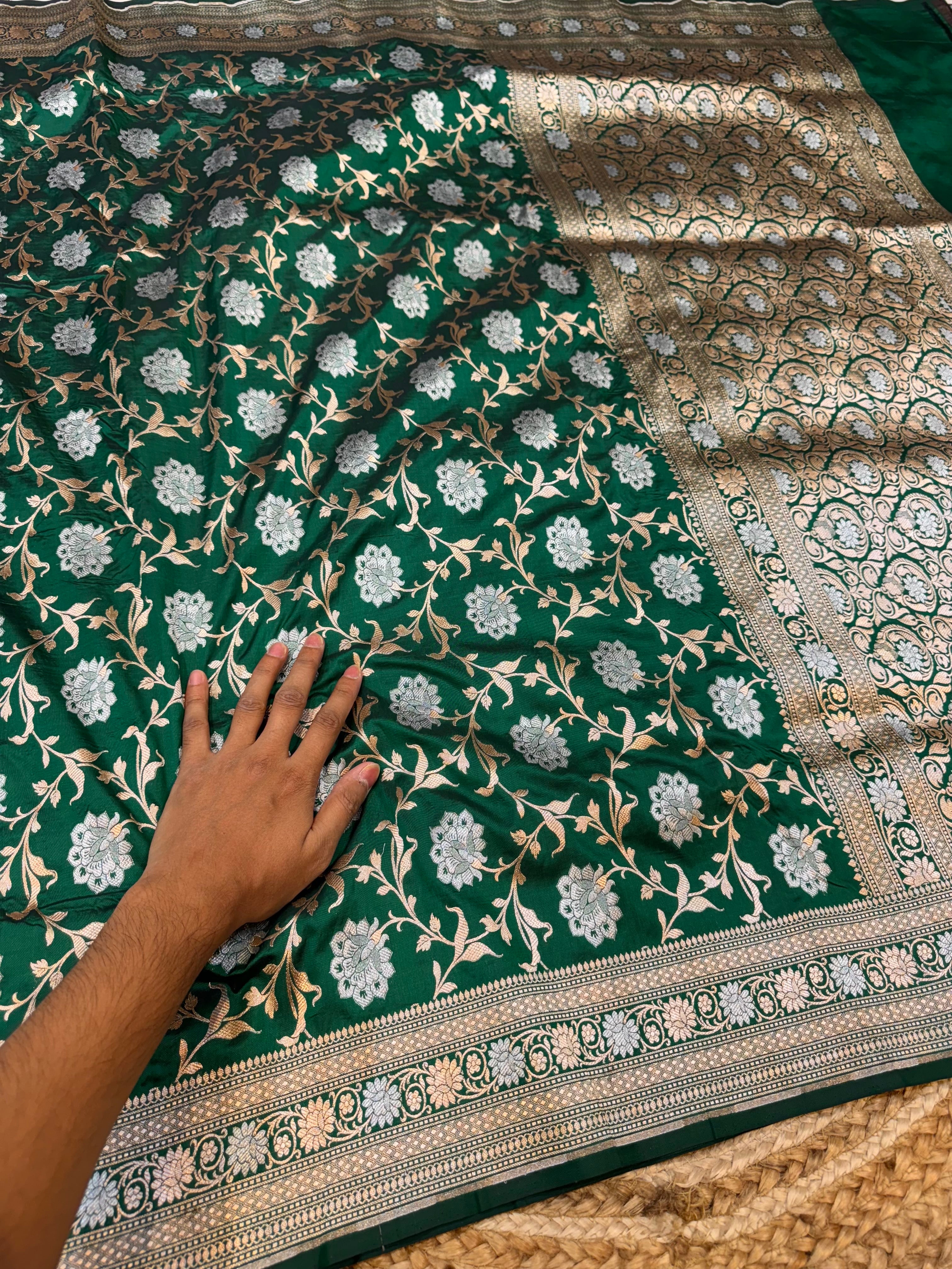 Bottle Green 100% Pure Banarasi Katan Silk Meenakari Saree
