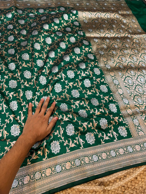 Bottle Green 100% Pure Banarasi Katan Silk Meenakari Saree