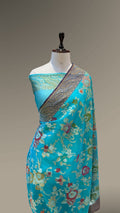 Sky Blue Pure Handloom Banarasi Ektara Kora Jamdani Saree