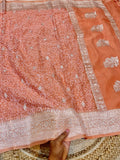 Peach 100% Pure Khaddi Georgette Silver Zari ChikanKari Handloom Saree