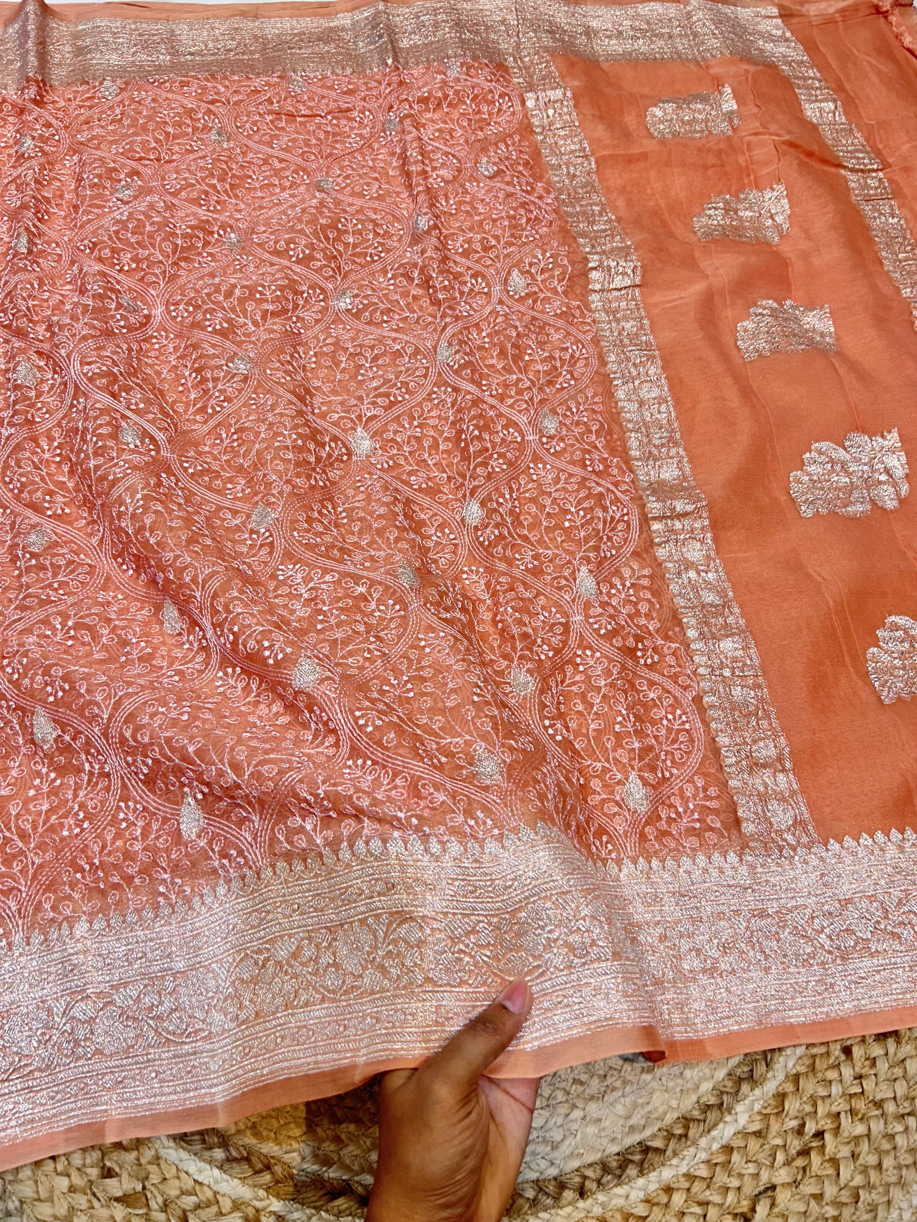Peach 100% Pure Khaddi Georgette Silver Zari ChikanKari Handloom Saree
