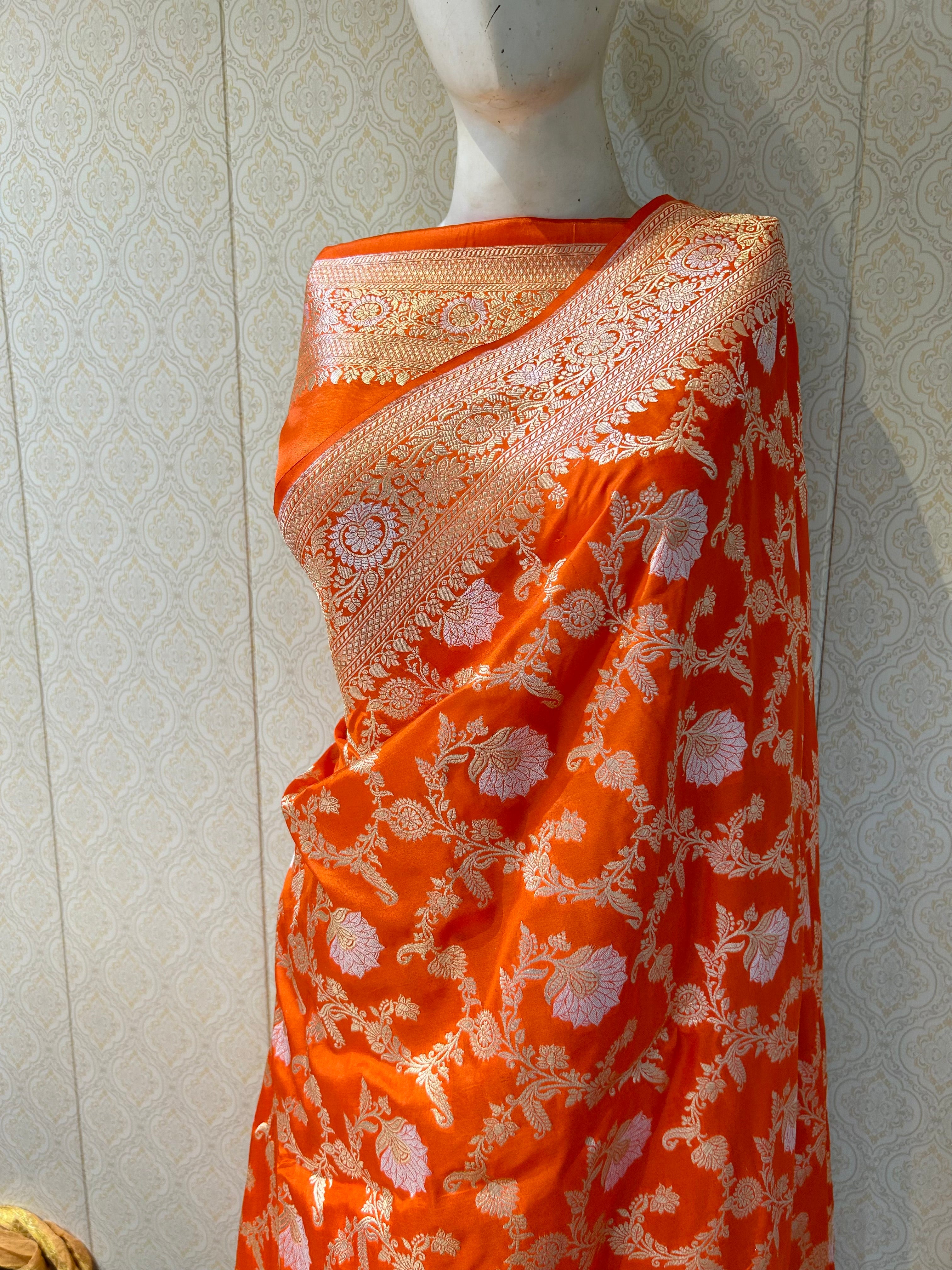 Fanta Orange 100% Pure Banarasi Katan Silk Meenakari Saree